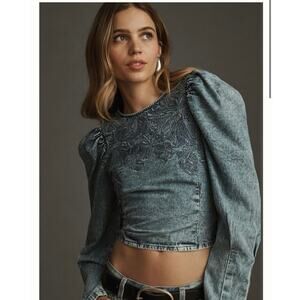 Pilcro Embellished Denim Popover Shirt M Long Sleeve Cropped Sode Zip NWT